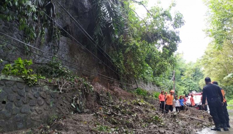 NusaBali.com - Petugas saat mengevakuasi pohon tumbang dan material longsor di jalan raya Dusun Uma Salakan, Desa Takmung, Kecamatan Banjarangkan, Klungkung, Senin (6/5). .-DEWA